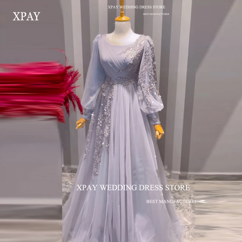 

XPAY Elegant Lavender Tulle Long Sleeves Evening Dresses Floral Lace Applique Prom Gowns Formal Party Dress Vestidos de fiesta