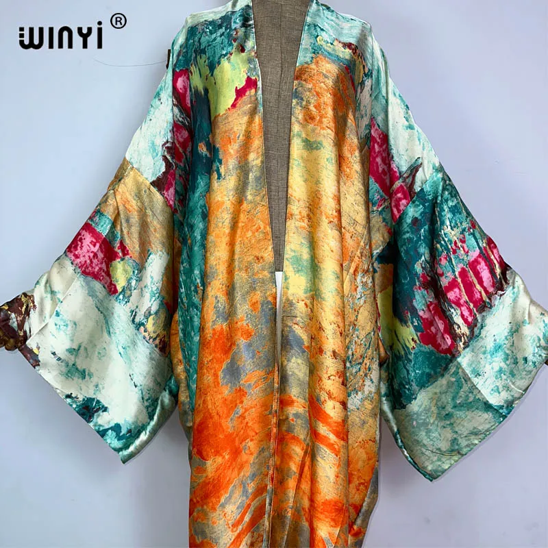 WINYI kimono Abstract print boho kaftans for woman Cover-up Elegant Cardigan sexy Holiday maxi beach wear swimsuit party dress