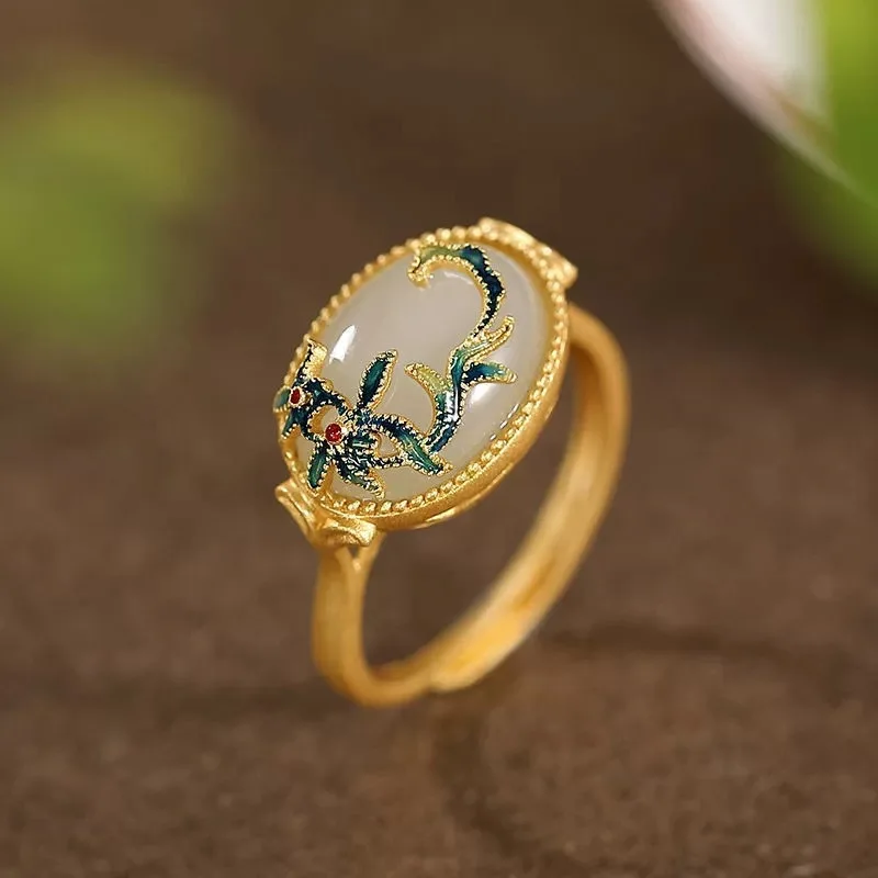 جديد الصينية Hotan اليشم قلادة الصين شيك الذهب زهرة الروطان الدائري أقراط سوار قصر نمط مجموعة مجوهرات