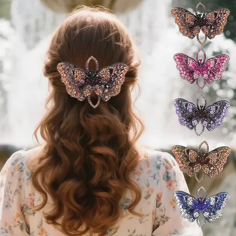 Horquilla de pico de pato con mariposa y diamantes de imitación coloridos, pinzas para el cabello de plástico, accesorios para el cabello para niña, regalo de Festival, 5 uds.