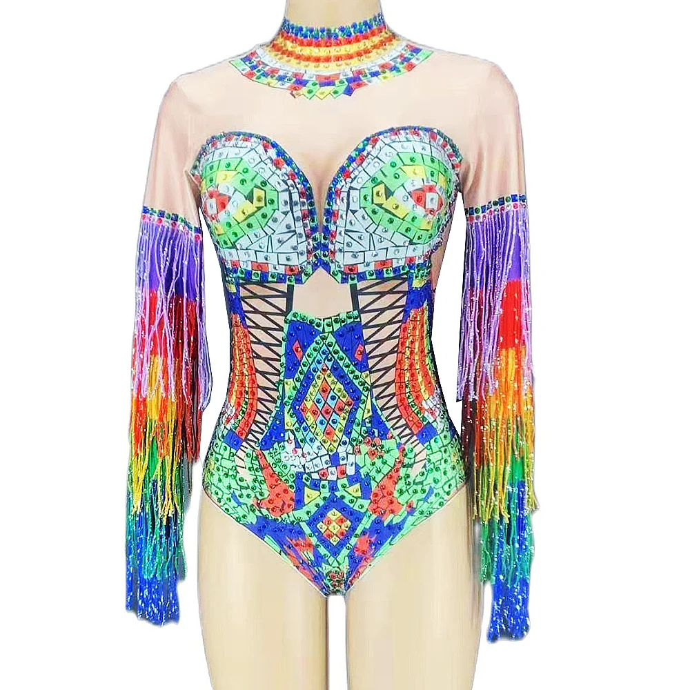 Body brillante con lentejuelas y diamantes de imitación para mujer, trajes de gasa de colores del arco iris, manga larga, flecos, traje de noche