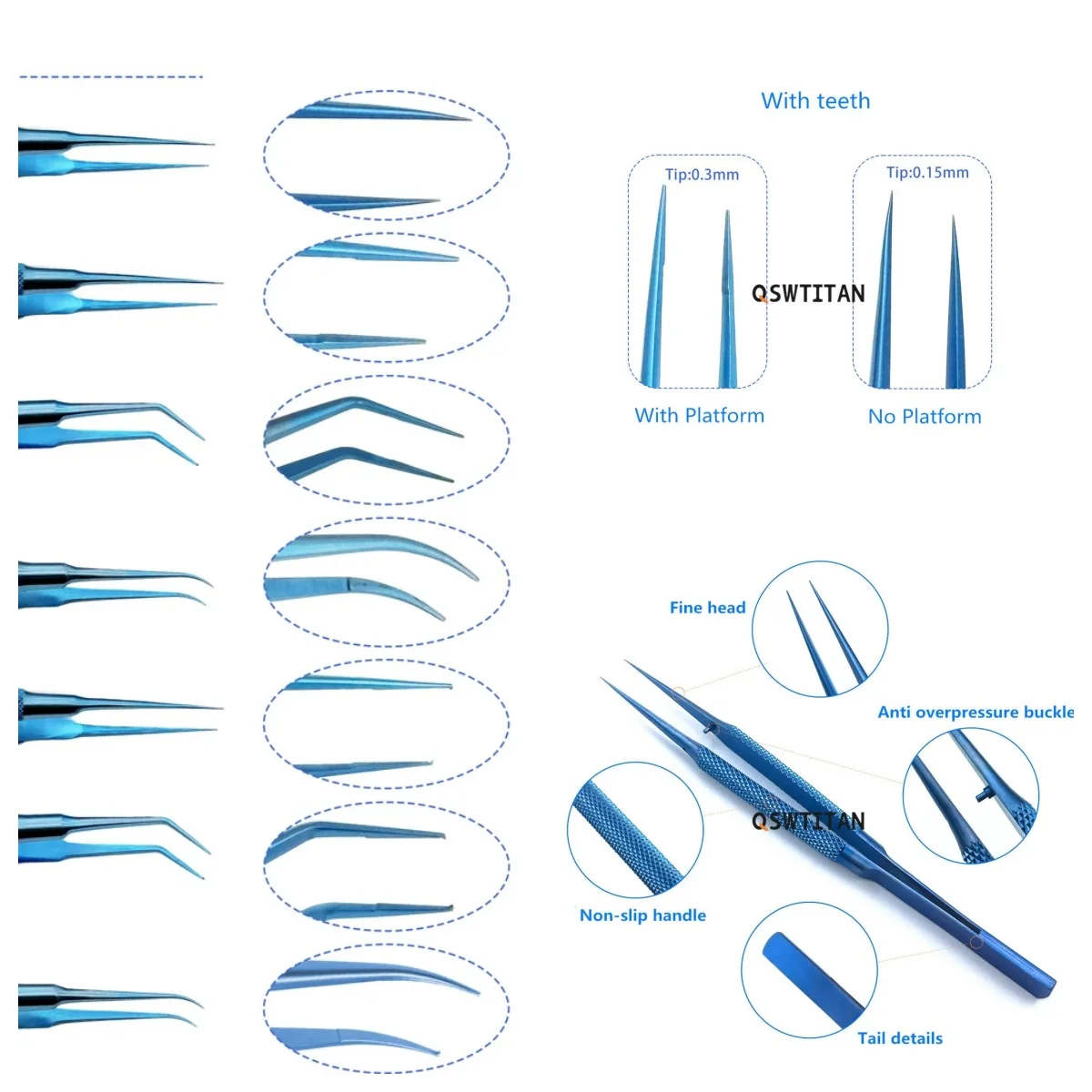 10.5cm-18cm 眼科用マイクロピンセット - ストレート/カーブ/アングル、0.15mm/0.3mm