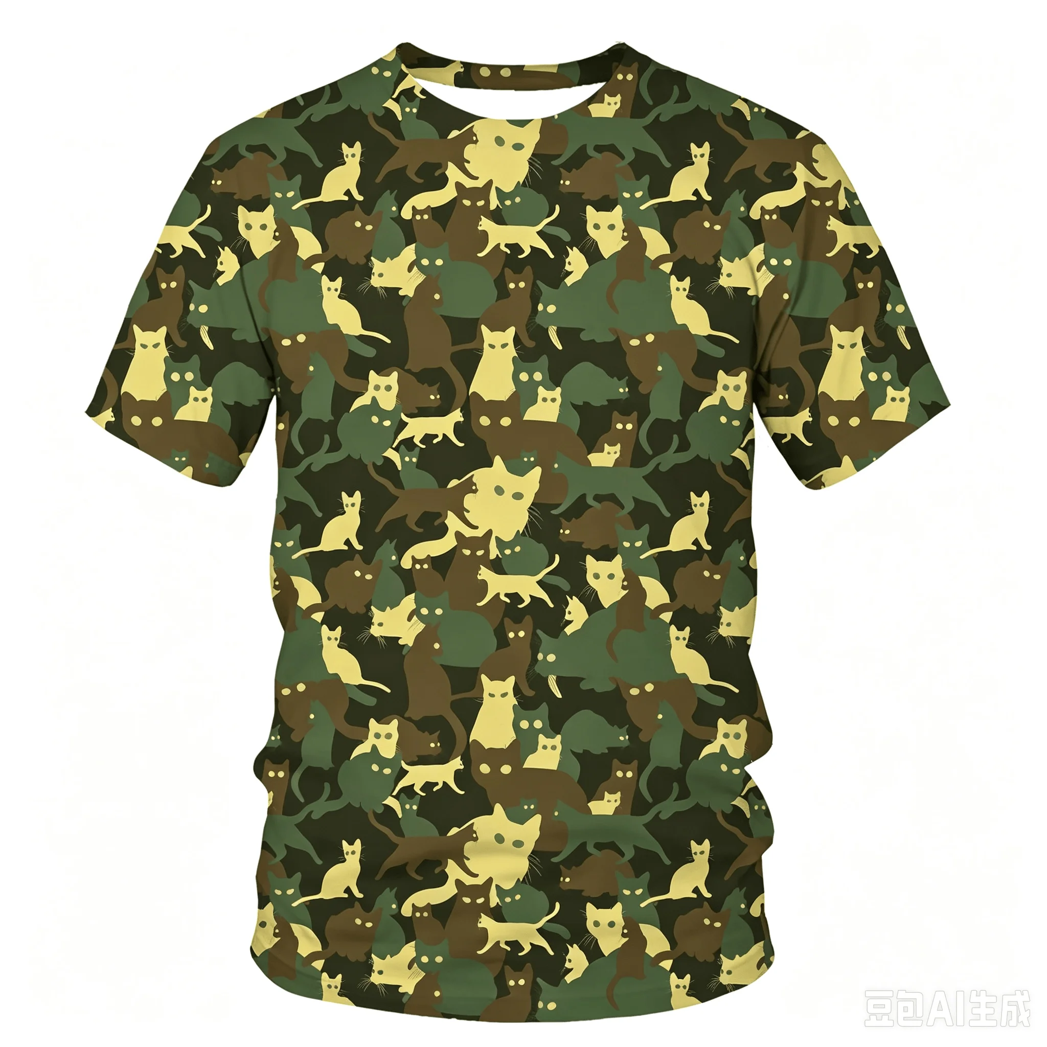 Camouflage Cat 3D Print T-shirt Summer Men's Round Neck Casual Short Sleeve Oversized T Shirts Fashion Tee Tops Trend Men Clothi