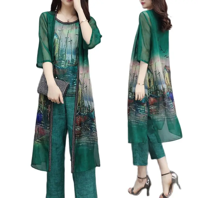 

Fashion Women's Suit 3-Piece Set 2023 New Spring Summer Clothes Chiffon Printed Cardigan Top Cropped Pants Casual Suits Female