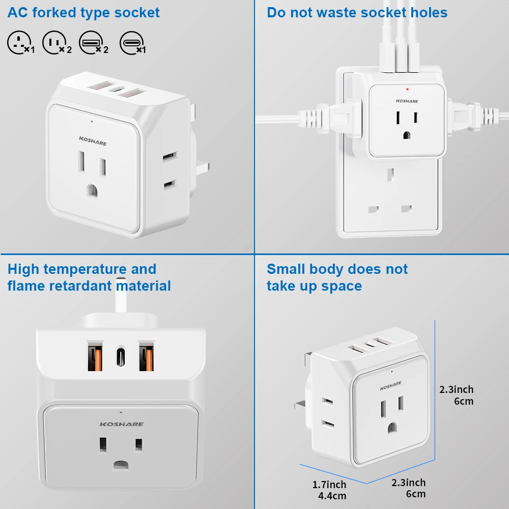 KOSHARE US to UK Plug Adapter Travel Plug Adapter, Ireland Scotland Dubai Power Adapter with 3 Outlets And 3 USB Ports