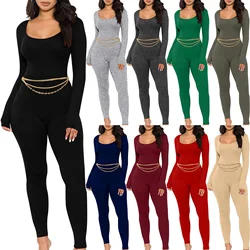 Brand Women Jumpsuits Y2k Aesthetic Solid Color Square Neck Long Sleeve Long Rompers Spring Autumn Skinny Clothes Streetwear