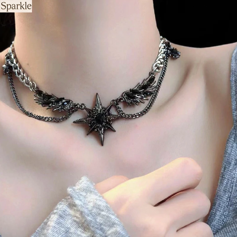 

Y2K Black Wing Starburst Necklace Punk Subculture Gothic Dark Choker Edgy Sweet Girl Niche Statement Jewelry Gift for Women