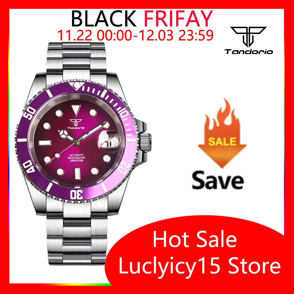 24 Jewels NH35A Tandorio 40mm Mystic Purple dial 200M Waterproof Men SUB Wristwatch 120 Clicks Rotating Bezel Green Luminous