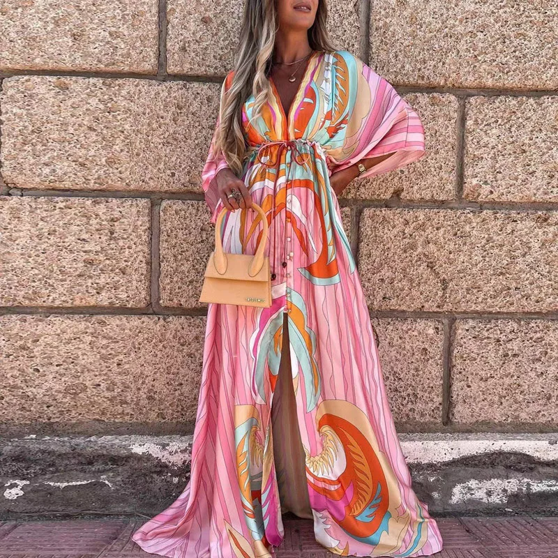 2023 Women Gorgeous Boho Print Maxi Beach Dress Summer Deep V Slit Elastic Waist Party Dress Elegant Holiday Long Dress Vestidos