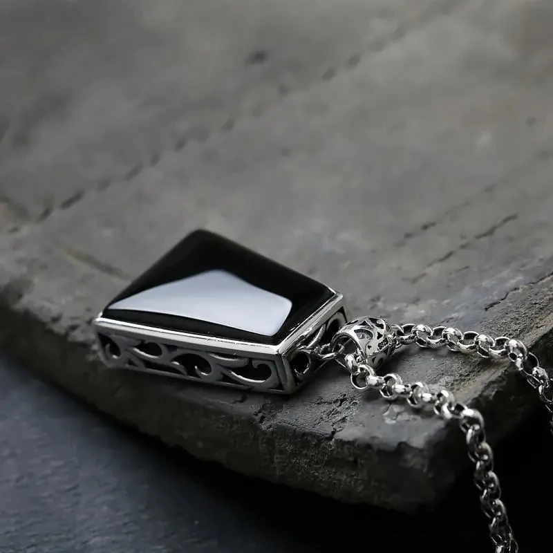 Original design geometric black agate pendant necklace retro domineering creative men and women charm brand silver jewelry