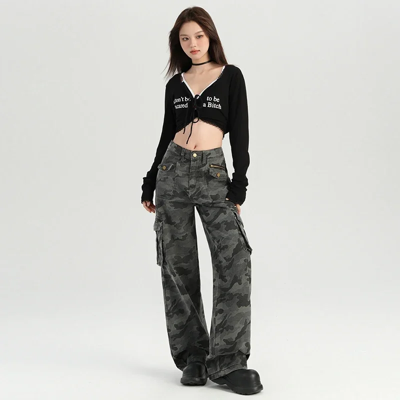 MiiiiX Casual Style Camouflage Overalls Jeans Women Cargo Pants 2024 New Autumn Loose Wide-leg High Street Denim Long Trousers