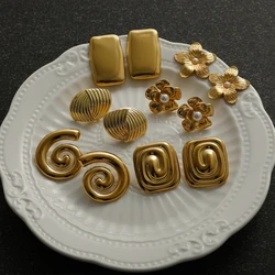Geometric Stainless Steel Chunky Twist Metal Earrings Trendy Pearl Flower Stud Earring Everyday Statement Jewelry for Her