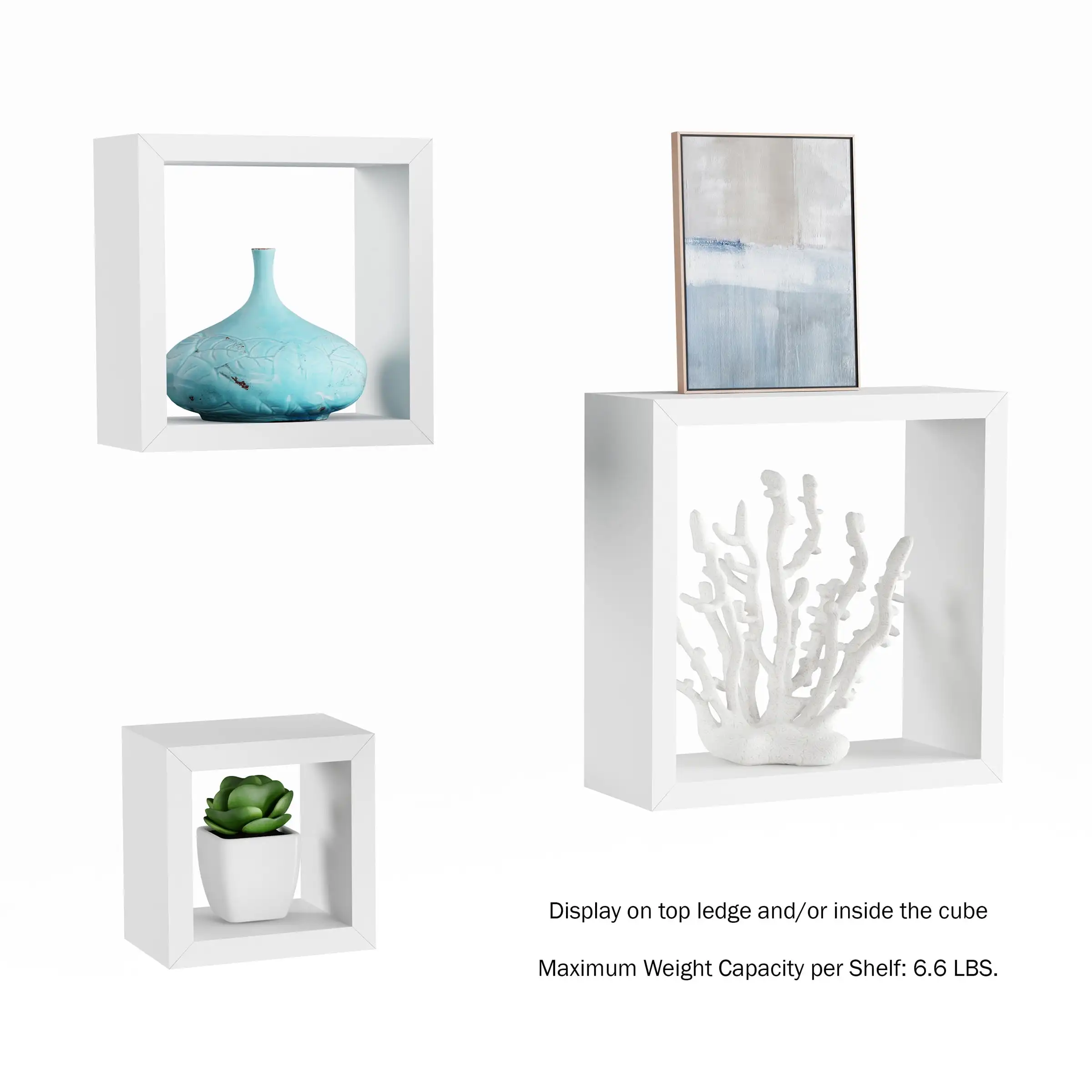 Floating Shelves- Open Cube Wall Shelf Set with Hidden Brackets, 3 Sizes to Display Decor, Photos, More- Hardware Included