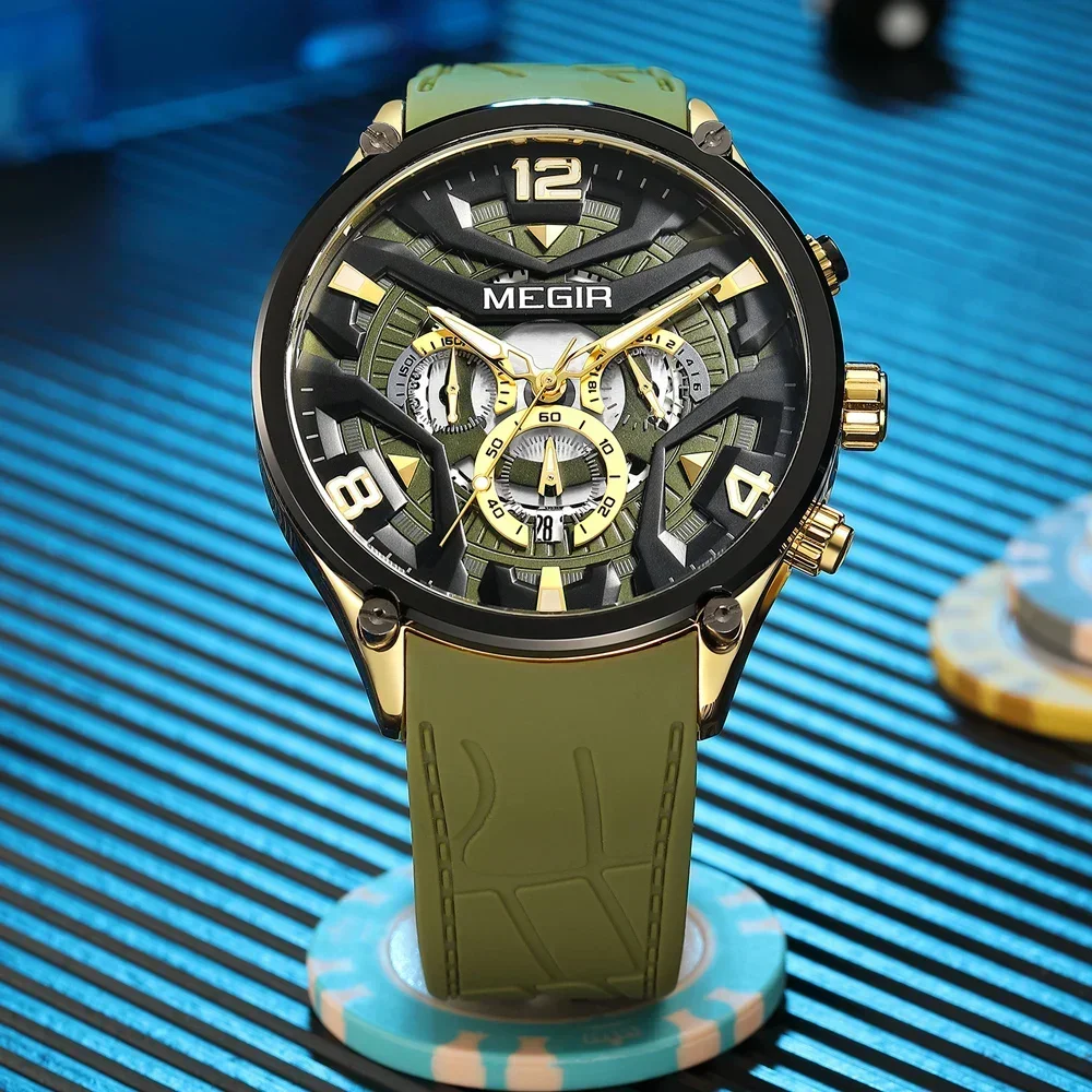 MEGIR ArmyGreen Silicone Strap Quartz Watch for Men Fashion Chronograph Luminous Sport Wristwatch Male with Auto Date 24-hour