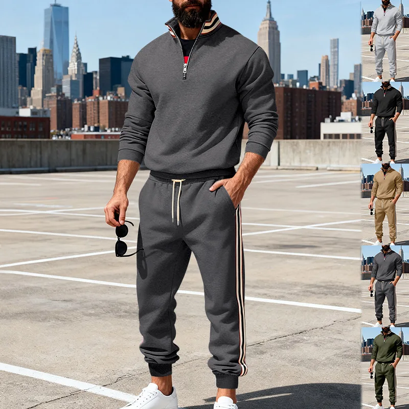 Autumn And Winter Men's Sports Contrasting Color Webbing Stand-up Neck Sweater Suit Men view 4