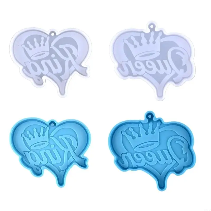 

C1FE Keychain Silicone Mold Heart Crown-Keychain Charm Epoxy Resin Casting Molds with Hole for DIY Crafts Making