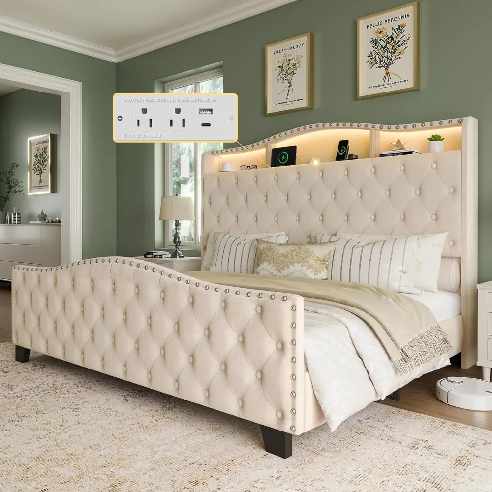 

Bed Frame and Headboard, 50.9" Velvet Upholstered Wingback Bedframe with LED Lights & Storage/Charging Station