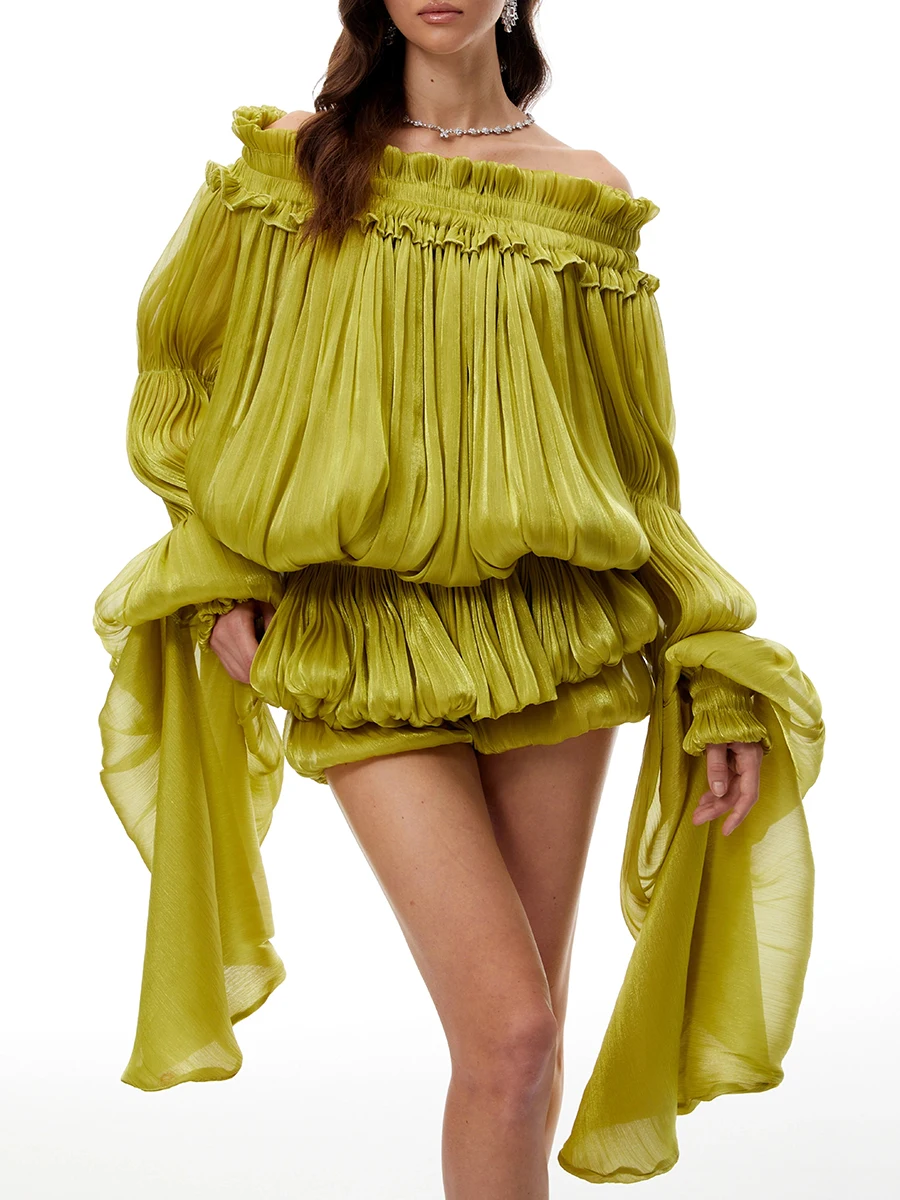 TWOTWINSTYLE Fashion Spliced Folds Glowing Yarn Dresses for Women Slash Neck Long Sleeves Patchwork Shorts Mini Dress Female New