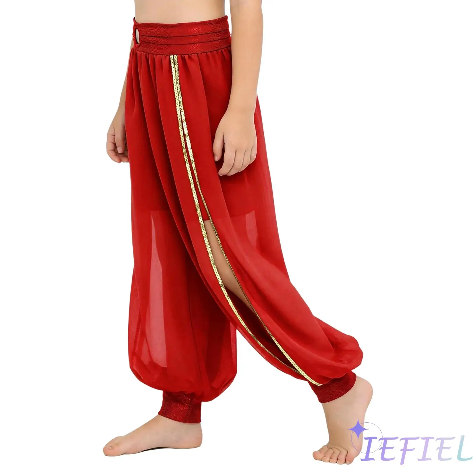 

Kids Girls Belly Dance Bloomers Halloween Theme Party Carnival Costume Chiffon O-Ring Ruched Waistband Side Split Pants