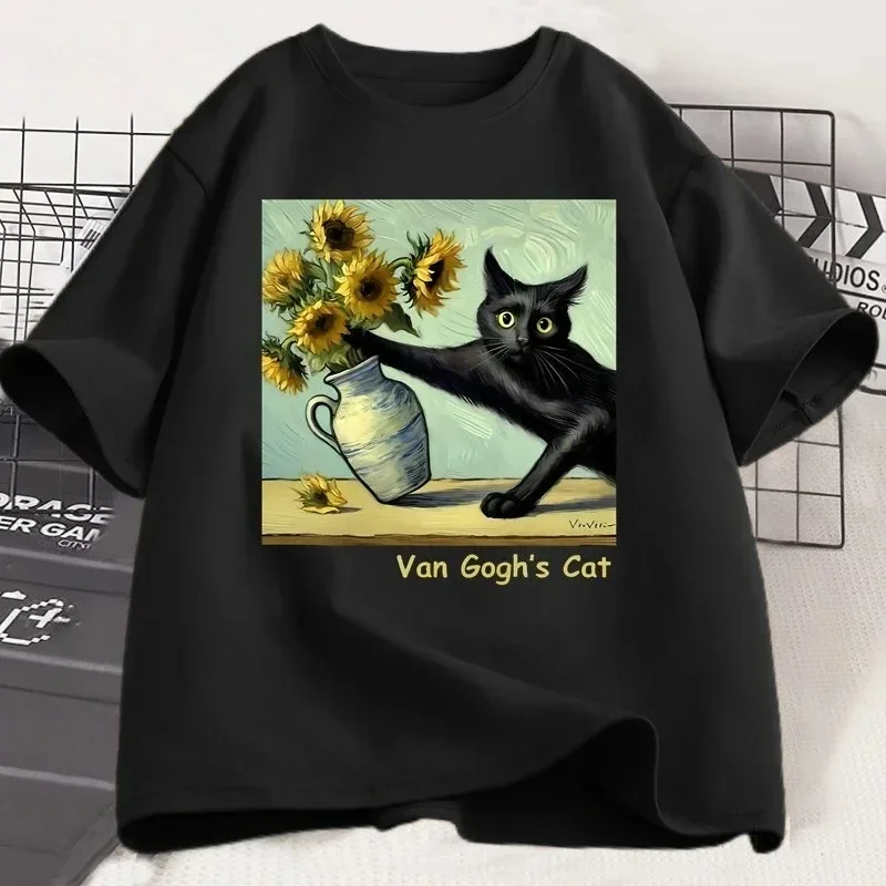 Van Gogh Cat Art Print T-shirt Fun Pattern T-shirt Trendy Summer Loose Short Sleeve T-shirt W Harajuku Top Women Clothing