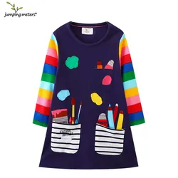 Jumping Meters 2-7T Hot Selling Children's School Dresses With Pockets Pen Embroidery Long Sleeve Autumn Kids Preppy Style Dress