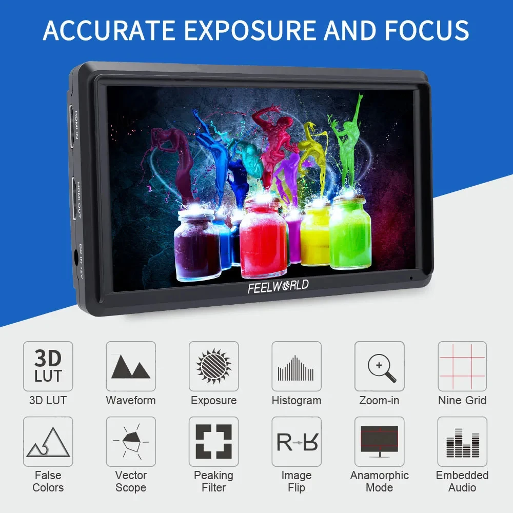 FEELWORLD FW568 V3 6인치 3D LUT DSLR 카메라 필드 모니터 IPS 풀 HD 1920X1080 HDMI 출력 지원 짐벌 리그용 틸트 암 포함