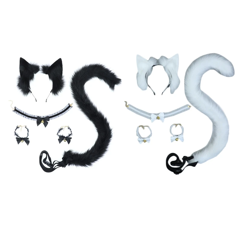 

5pc Ear Head Hoop Tail Choker Bangle Set Plush Fox Ears Cosplay Headdress