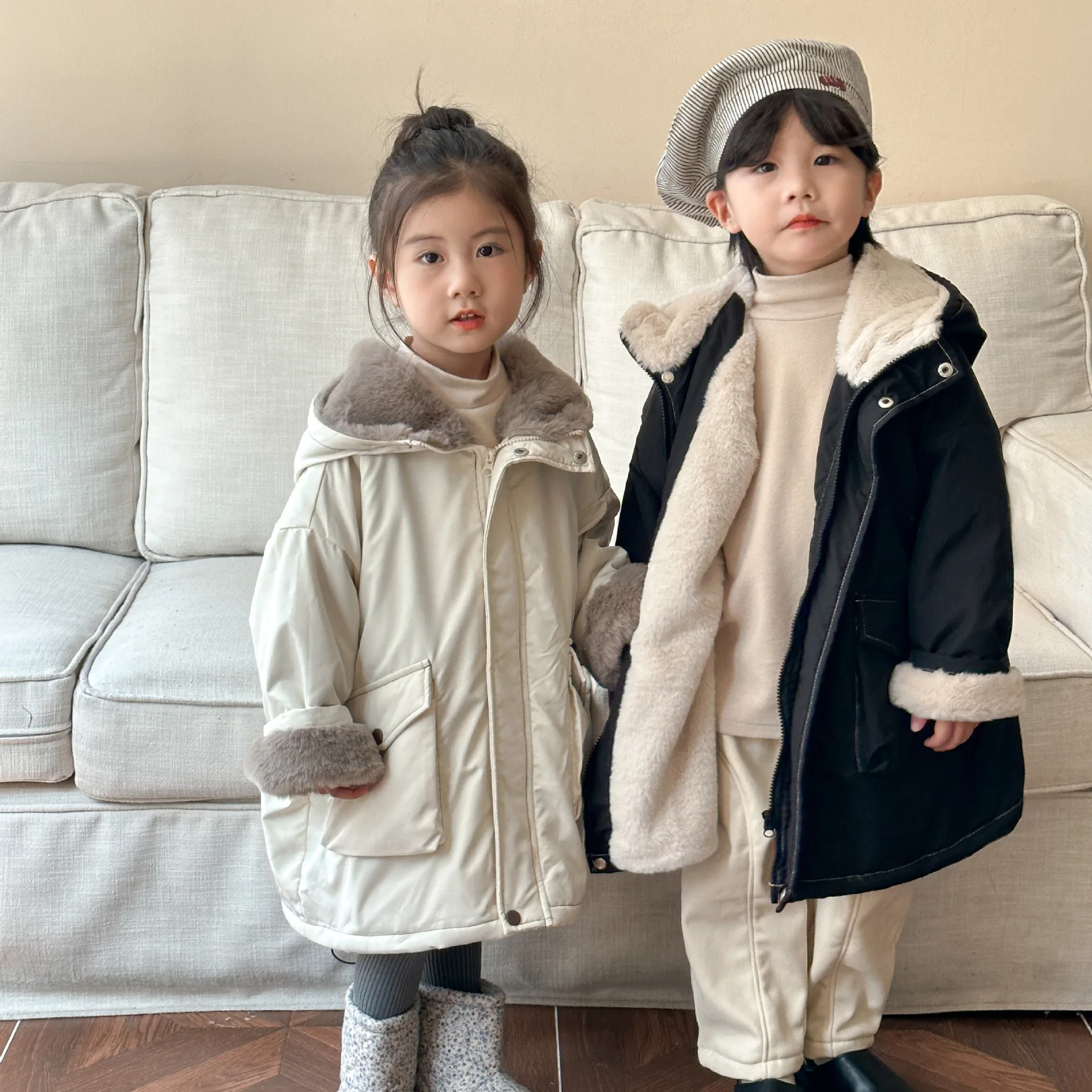 Winter 2024 children girls parkas cotton plus velvet solid pocket hooded warm toddler girls long jacket kids girls winter coat