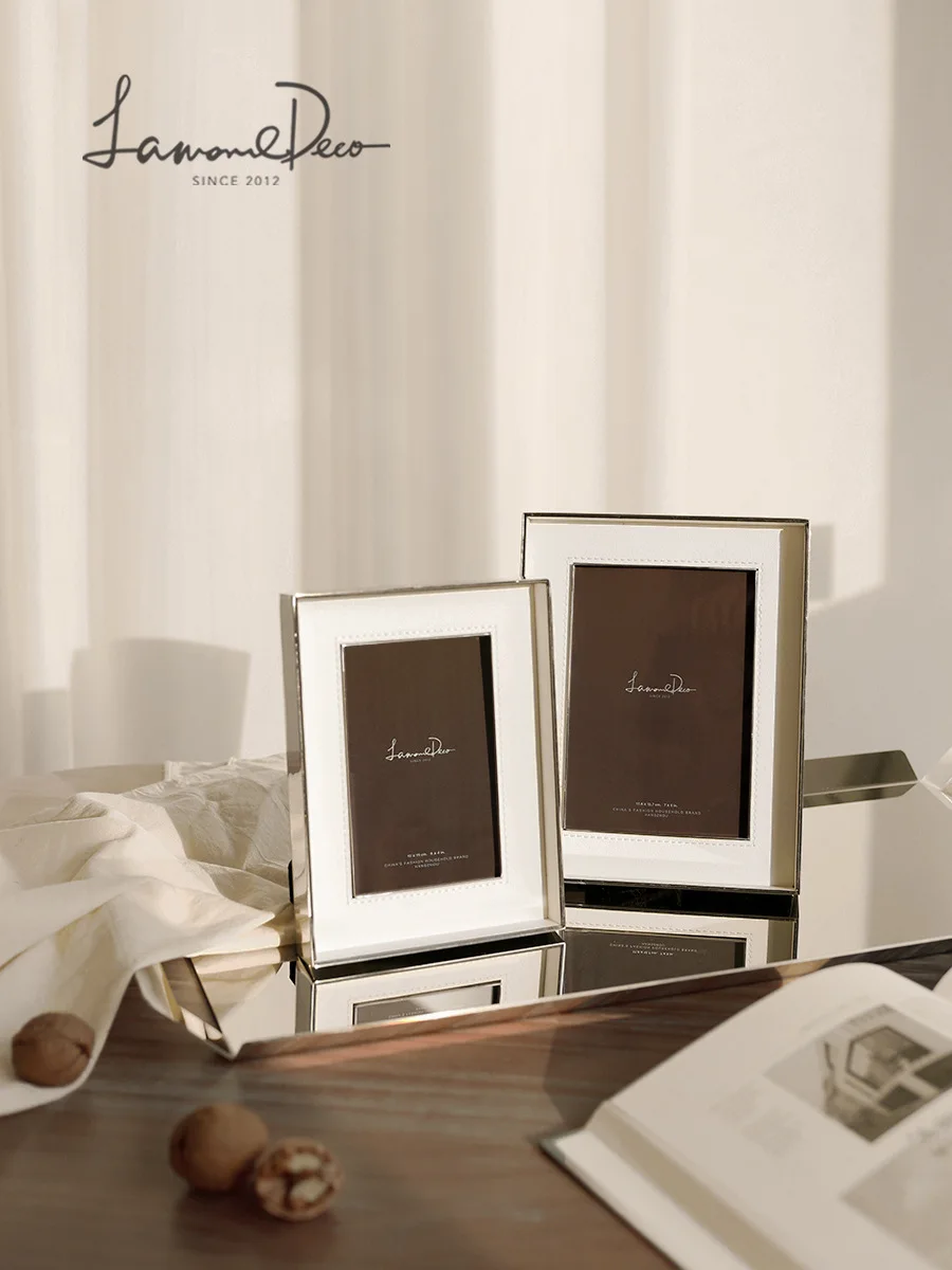 Modern minimalist stainless steel leather photo frame ornaments bedside table home decor