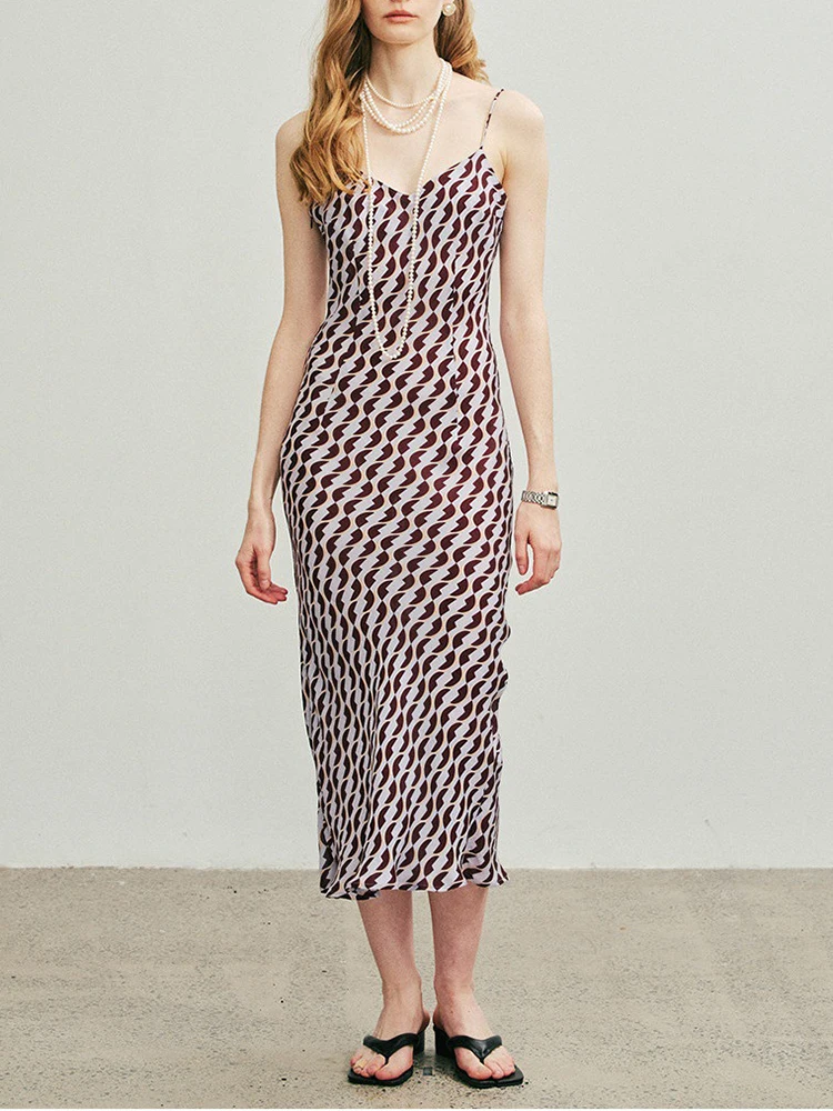 

Chic Chiffon Print Camisole Dresses Spring Women Sleeveless V-neck Strapless Dress Autumn High Waist Pullover Knee Length Dress
