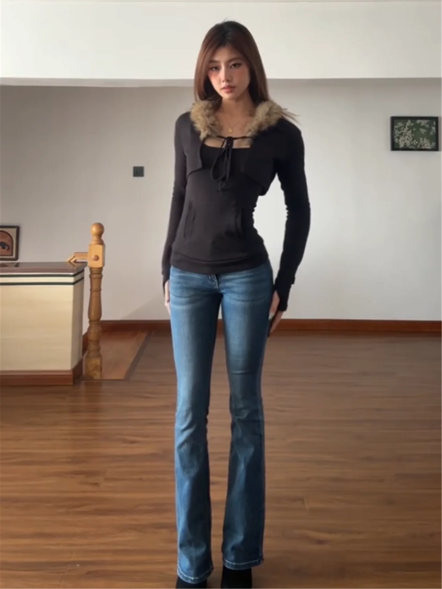 

Retro Blue Low Waist American Vibe Women's Jeans Spring Slim Fit Elastic Narrow Straight Leg Pants Casual Cotton Denim