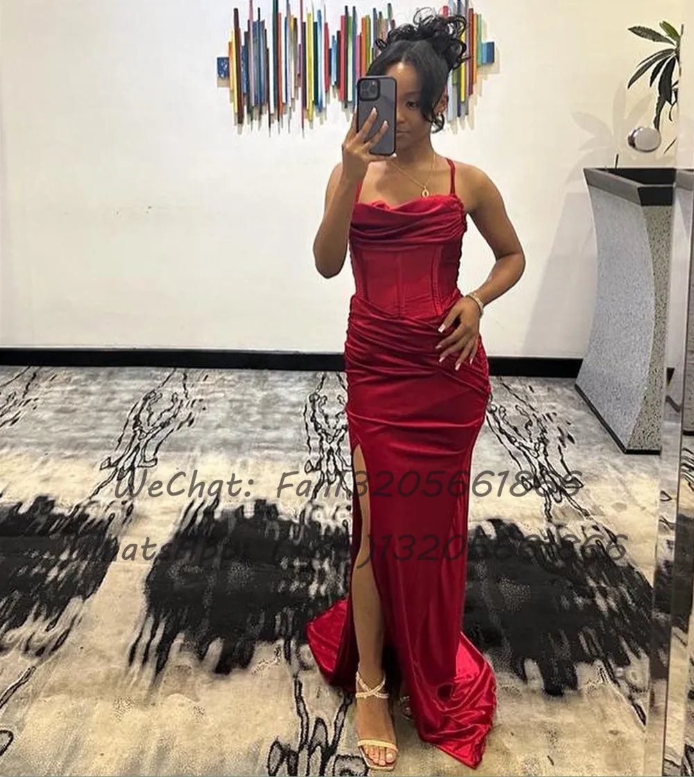 Sexy Criss-cross Backless Slit Bridesmaid Dresses Red Long Mermaid Sweep Train Pleat Wedding Guest Dress Women Prom Party Gown