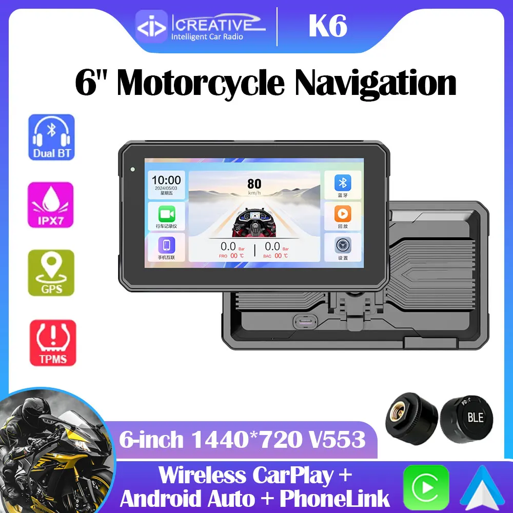 Icreative 6 inch Motorcycle Navigation DVR GPS Wireless CarPlay Android Auto IPX7 Waterproof Display Screen Portable Monitor BT