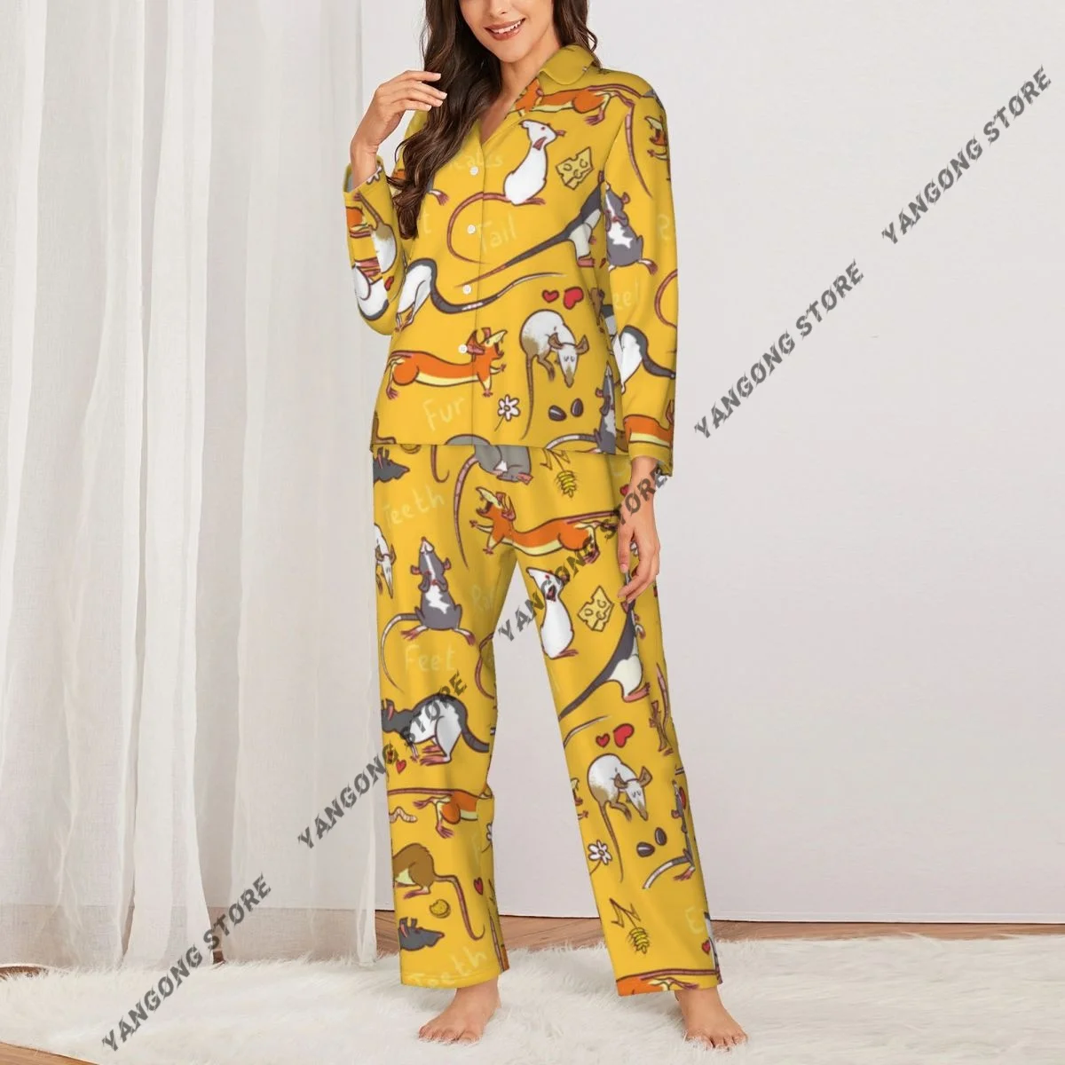 Spring and Autumn Long Sleeve Pants Pajamas Loungewear Set Cute Rats Women's Pull Edge Loose Sleeping Suit