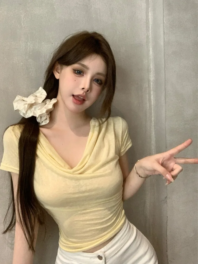 

Sexy Semi-Transparent Thin Knitted Folded Collar Waist-Cinching Summer Short Sleeve T-Shirt for Women V-neck Color Comm...