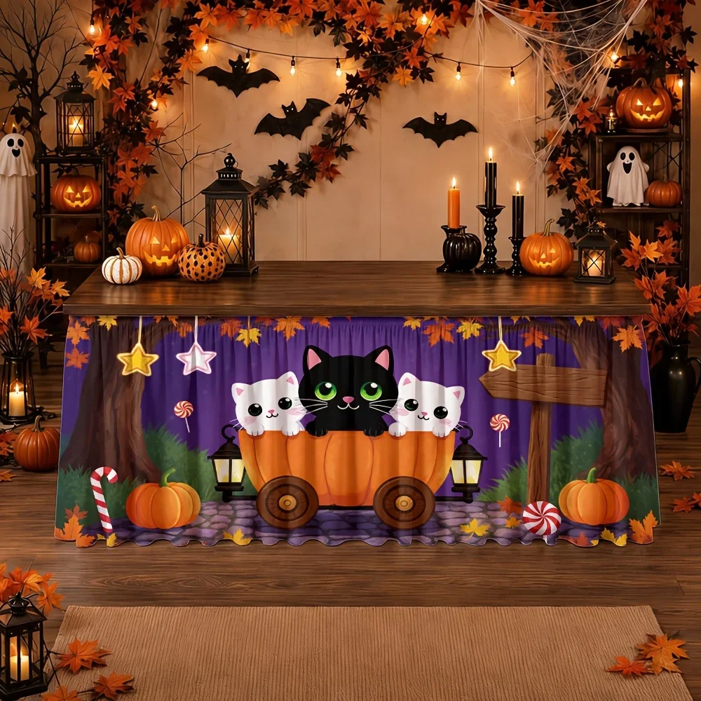 tableskirt cartoon black cat white cat pumpkin fallen leaves stars candies autumn Halloween partyxzj