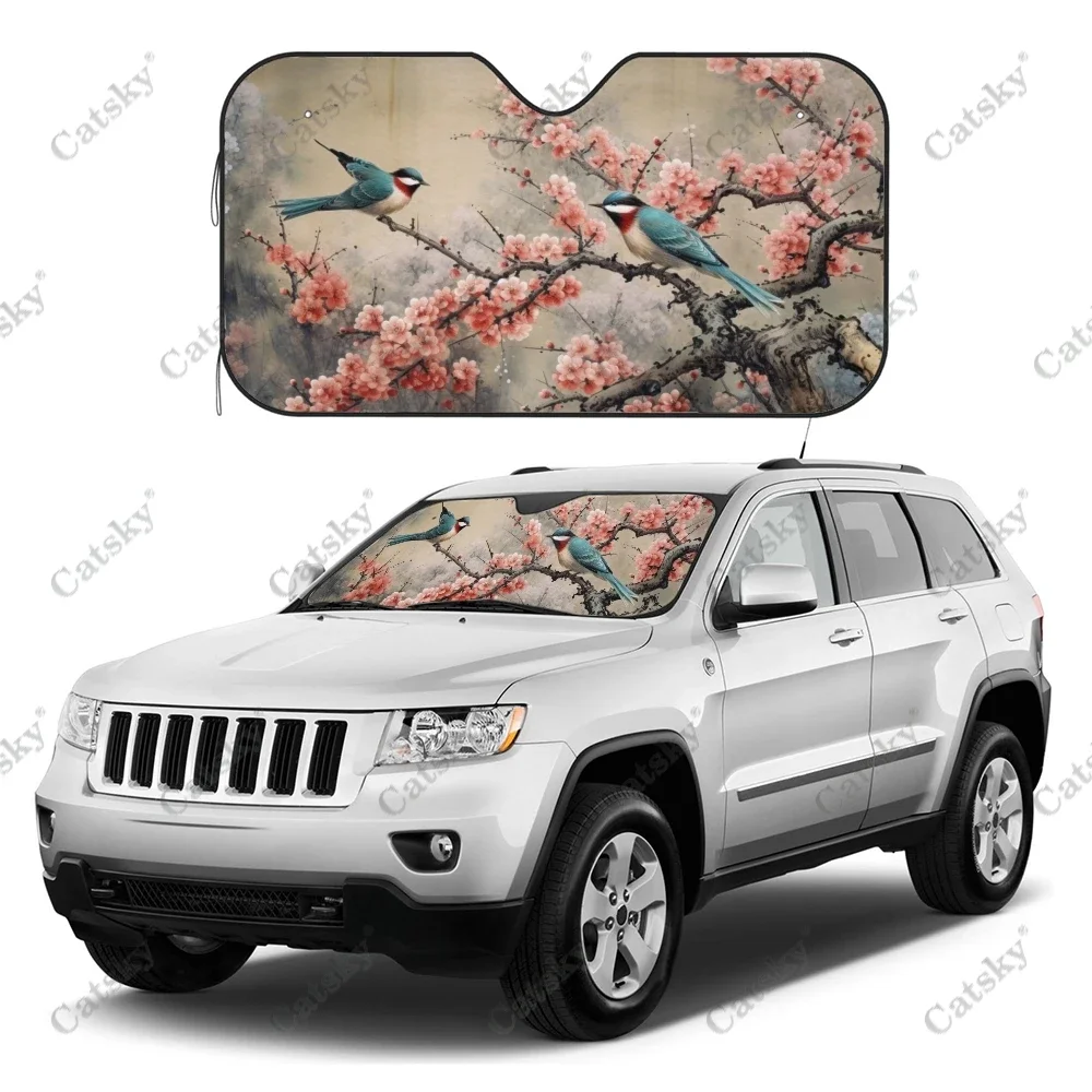 Birds on Tree Branch Painting Car Windshield Sunshade, Front Auto Car Windshield Sun Shade Blocks Uv Rays Sun Visor Protector