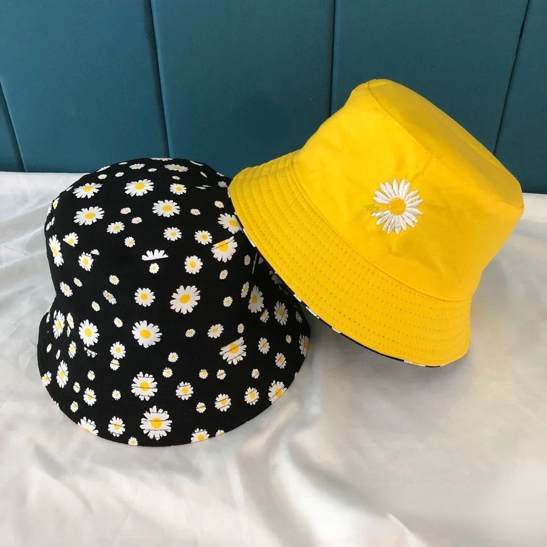 Korean Daisy Embroidery Bucket Hats Reversible Beach Panama Bob Caps Summer Double-sided Cotton Sun Fisherman Hat for Women Men