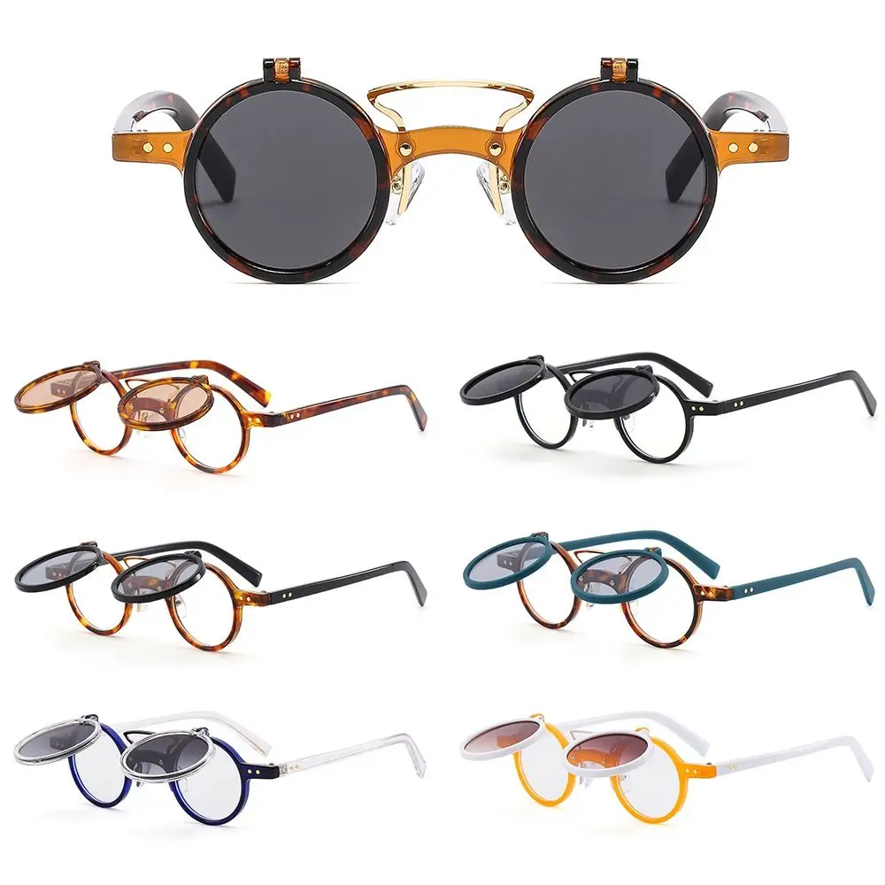 Popular Vintage Steampunk Flip Up Sunglasses Retro Rivets Small Round Sun Glasses Double-layer Flip Lens Punk Eyeglasses UV400