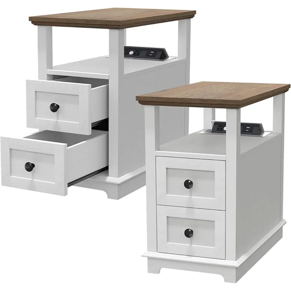 End Table with Flip Top Charging Station Set of 2, White Side Table with 2 Drawers, Type-C & USB Port & Power outlets, Narrow