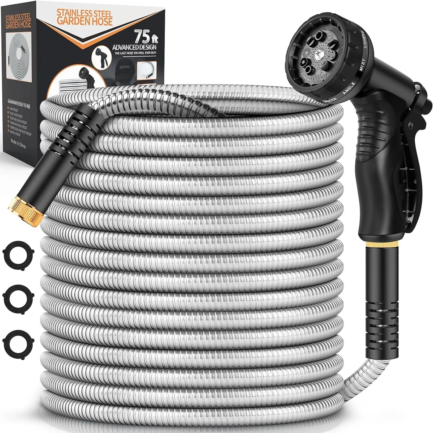 

Metal Garden Hose 75FT, Stainless Steel Heavy Duty Water Hose With 10 Function Nozzle, No-Kink, Tough & Flexible, Sturdy