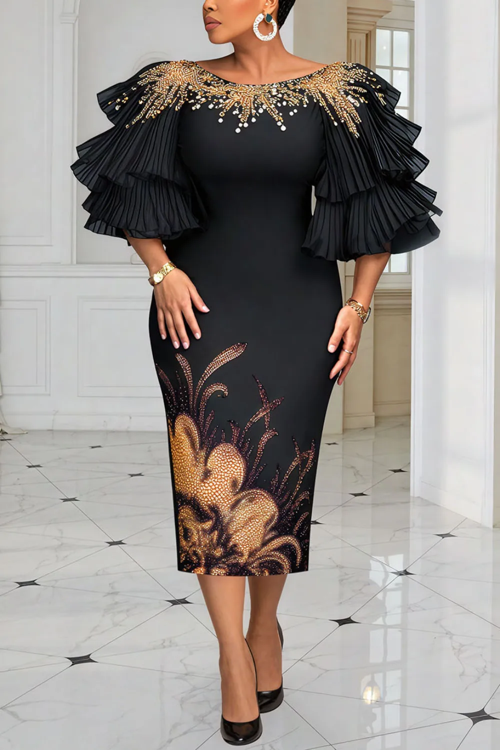 بالإضافة إلى حجم الرسمي الأسود جولة الرقبة نفخة الأكمام 3/4 كم الحفر أنيقة Bodycon فساتين متوسطة الطول