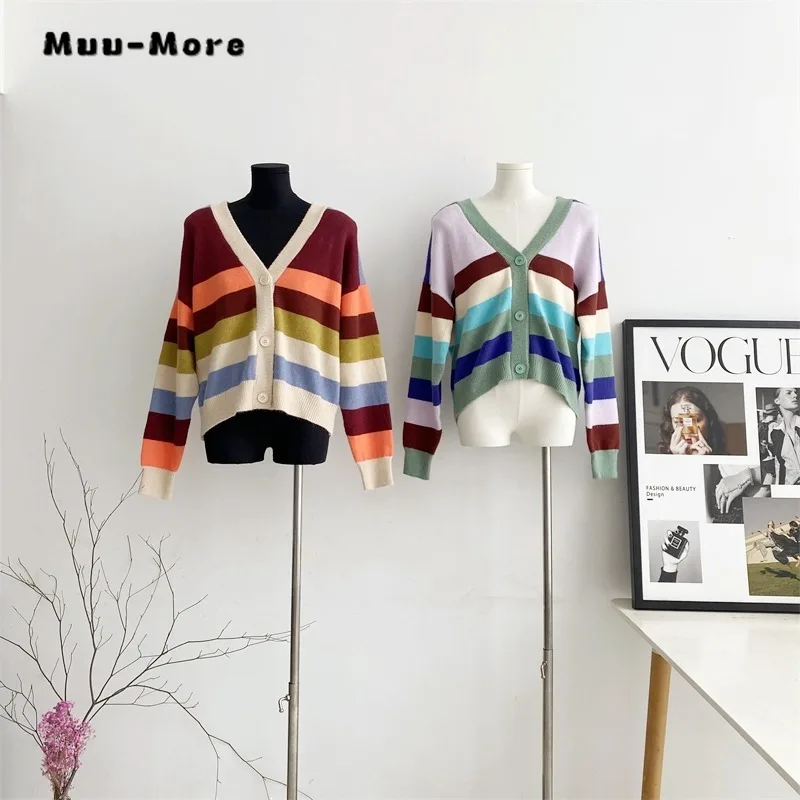 

2023 Autumn Winter Casual V-Neck Knitting Long Sleeve Cardigans Women Hotsweet Striped Single Breasted Ladies Sexy Y2K Sweater