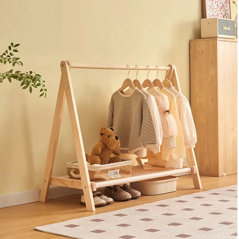 Kids Solid Wood Folding Clothes Rack Simplistic Design Coat Hanging Solution with Landing Rod Bedside Stylish Clothing Organizer