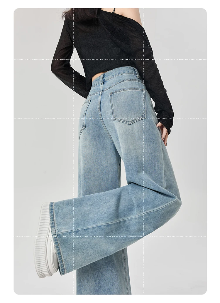 Loose Straight Cut Jeans Women High Waist Retro Wide Leg Denim Pants Stretch Comfort Casual Everyday Wear