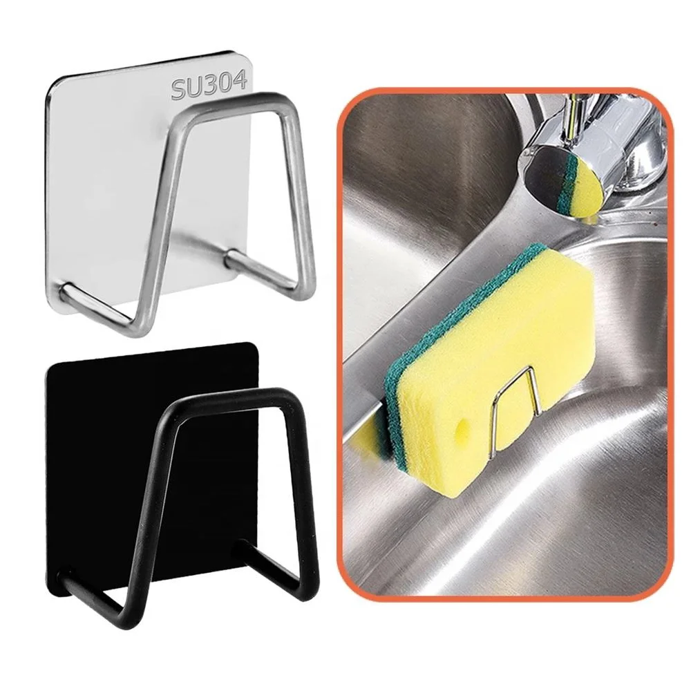 Kitchen Stainless Steel Sink Sponges Holder Self Adhesive Drain Drying Rack Kitchen Wall Hooks Accessories Storage Organizer