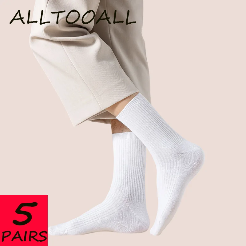 ALLTOOALL 5 Pair Men's Socks Casual Business Stripe Socks Breathable Black Man High Quality Travel Summer Winter Socks