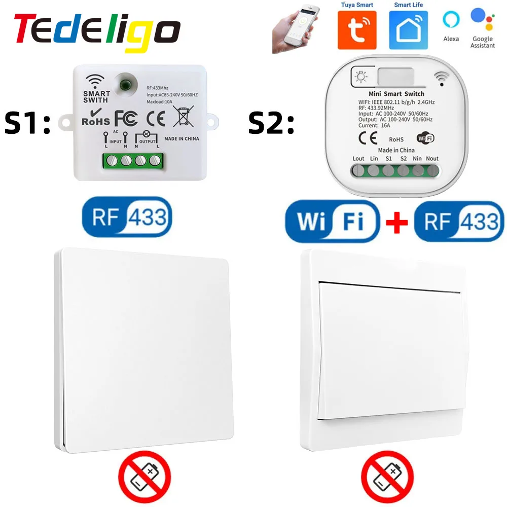 Inteligentny przełącznik WiFi RF Tedeligo 110V 220V 10A 16A, włącznik światła i samozasilający się kinetyczny włącznik ścienny, funkcja timera, obsługa Alexa