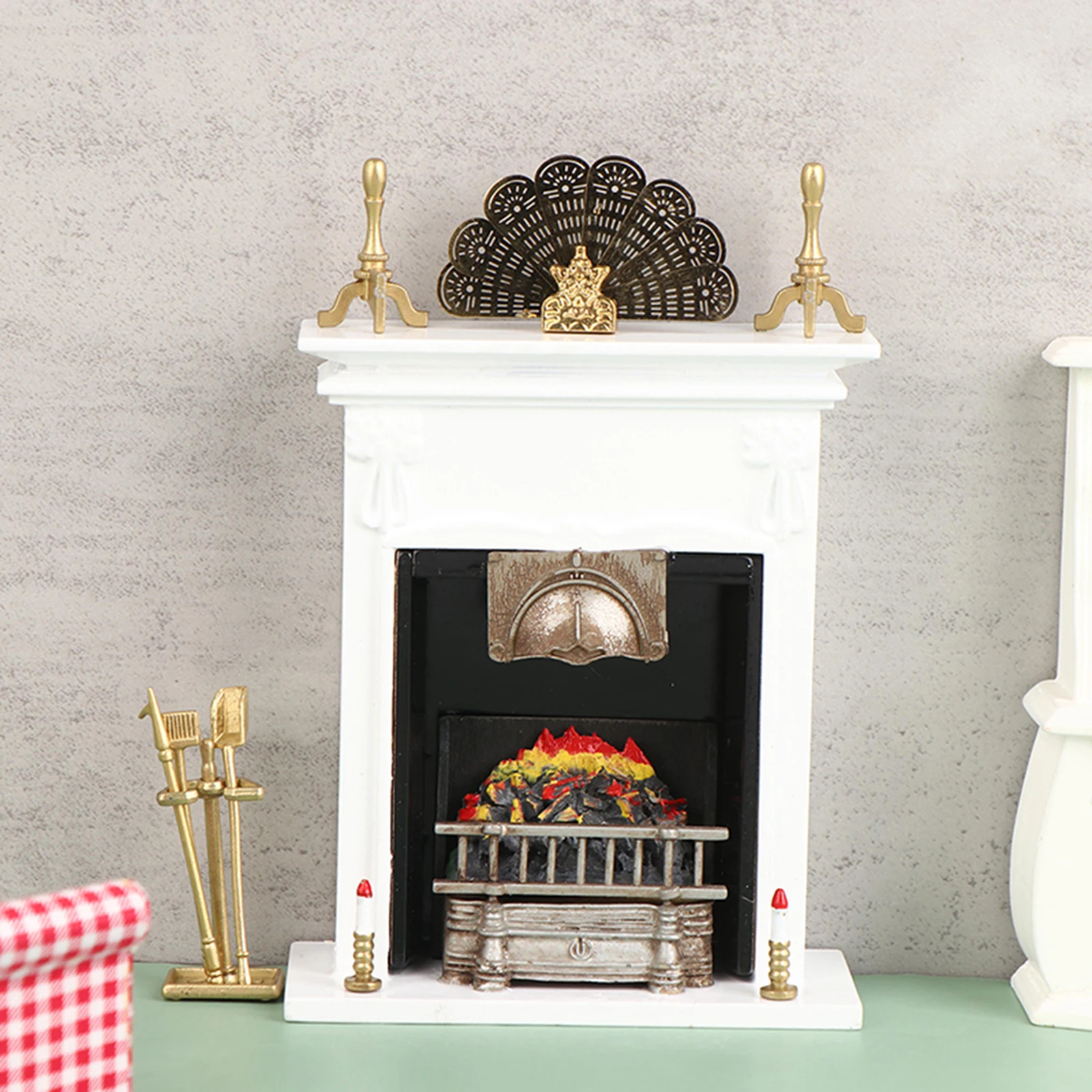 

1/12 Vintage Dollhouse Fireplace CoverSet Miniature Model Life Scene Landscape Craft Metal Furniture For Room Decoration Present