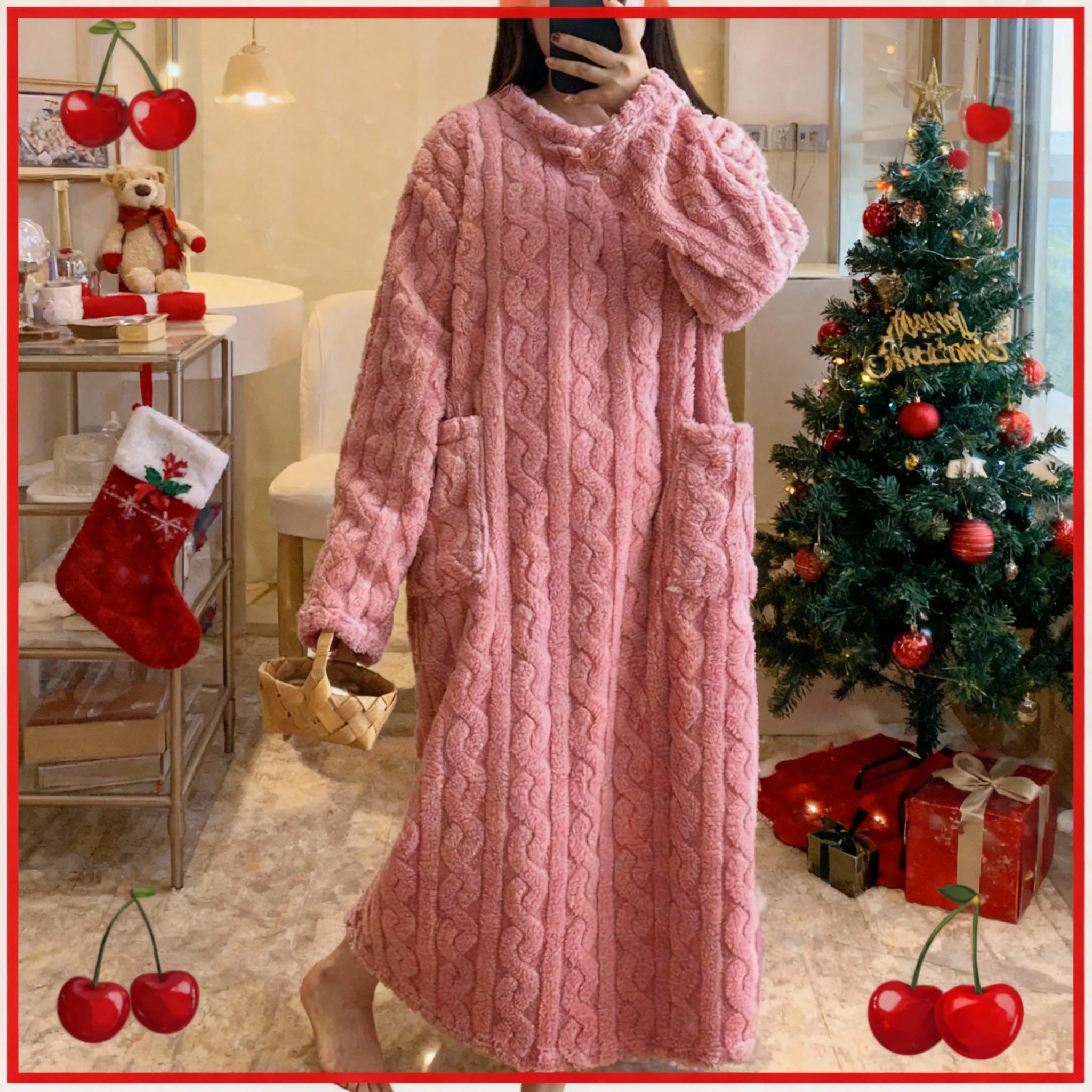 

Фланелевые ночные рубашки с длинным рукавом, женские зимние свободные однотонные ночные рубашки с двойным карманом, жаккардовое ночное платье, утолщенная теплая ночная рубашка